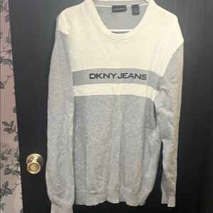 DKNY Men's White and Gray Crewneck Sweater